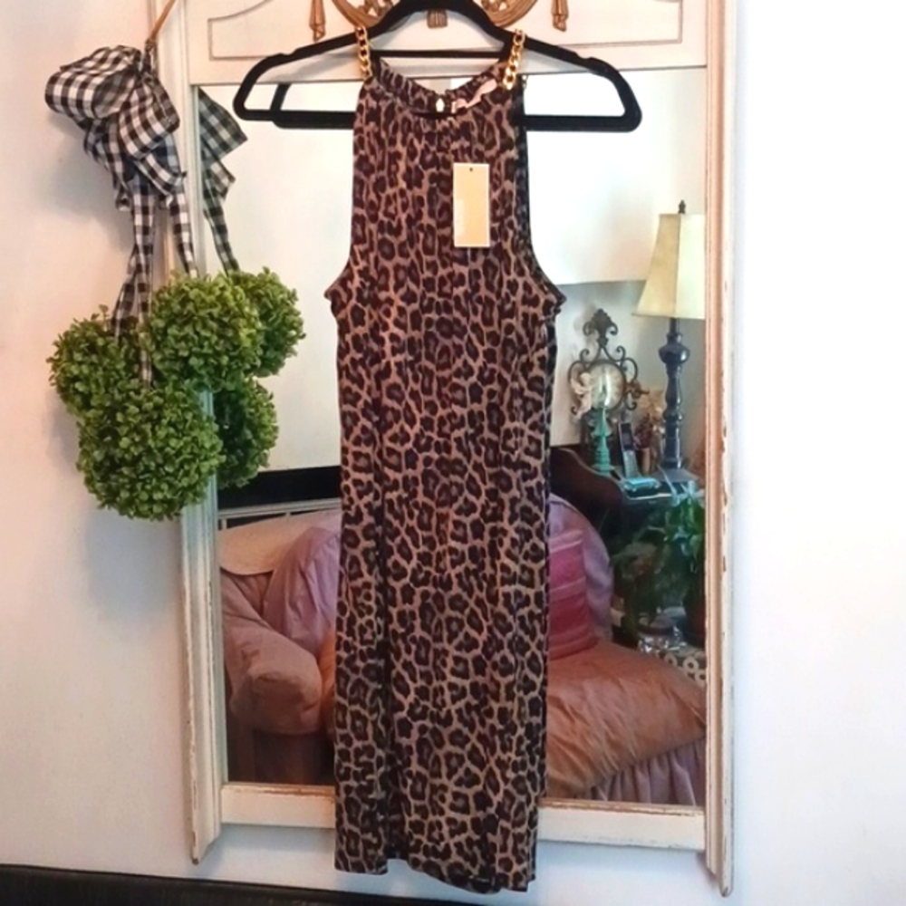 Gorgeous! Michael Kors Leopard Print Dress  Goldtone Chain at Neckline. L 🐆⚜️🐆